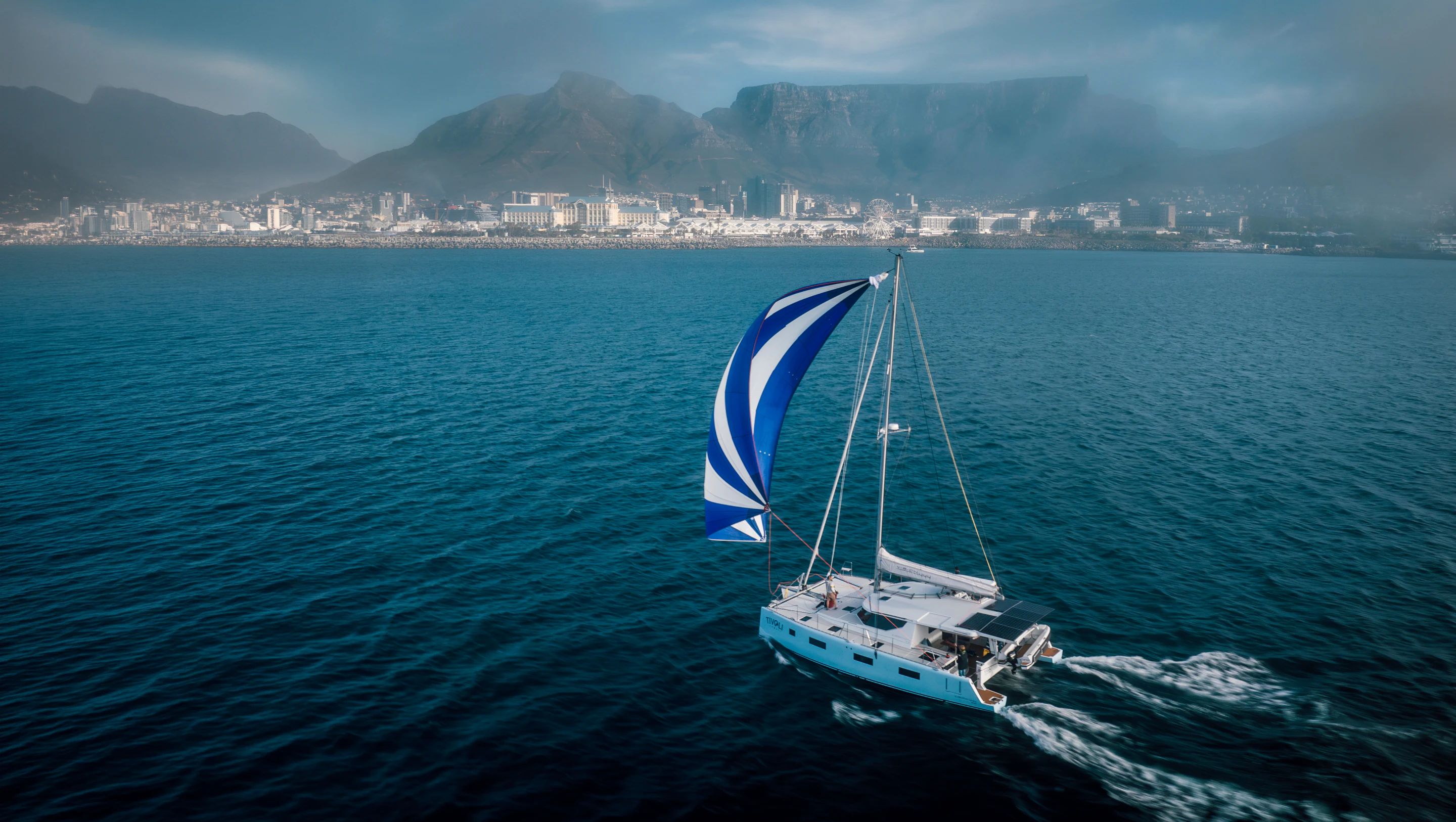 Vision 444 catamaran Tivoli under spinnaker off Cape Town